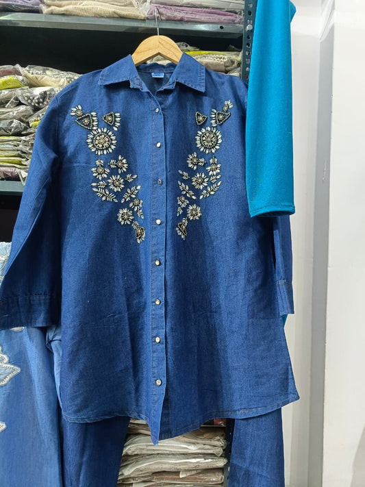 Dark Blue Denim CORD SET with  Embroidery