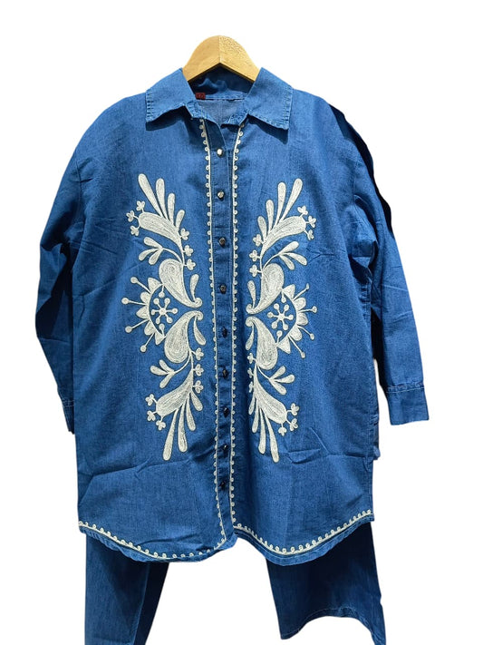 Sky Blue Denim CORD SET  with White Thread Embroidery