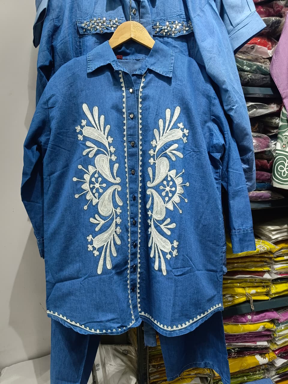 Sky Blue Denim CORD SET  with White Thread Embroidery