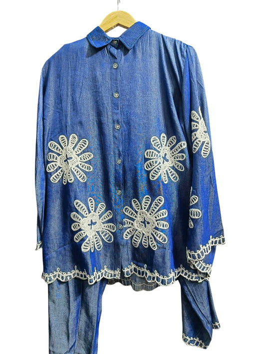 Dark Blue DENIM CORD SET Embroidery