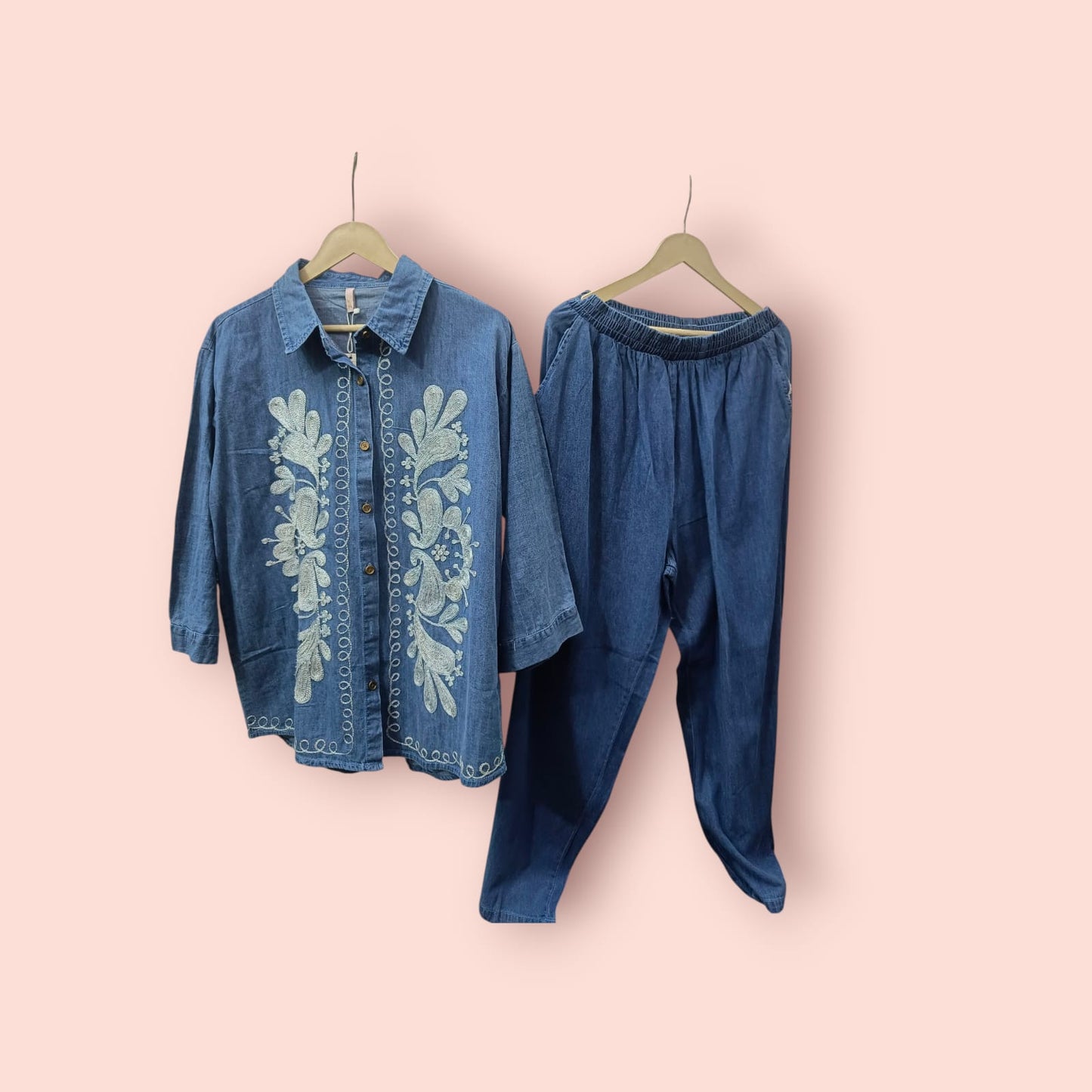 Sky Blue Denim CORD SET  with White Thread Embroidery