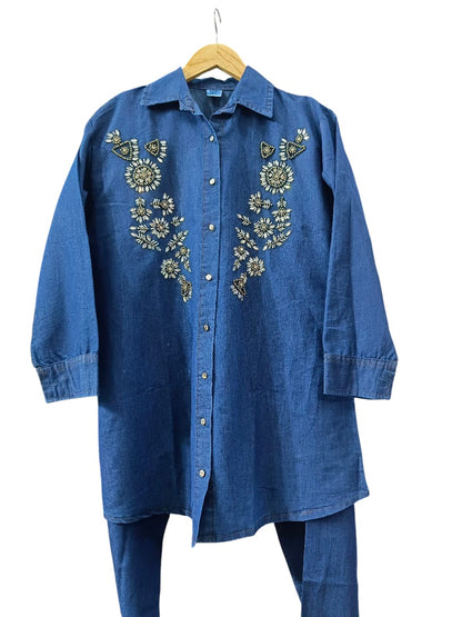Dark Blue Denim CORD SET with  Embroidery